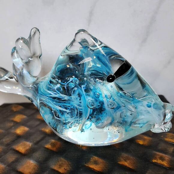 Clear Glass Fish Figurine with Blue Ribbon Swirls Bubbles - Ocean-Inspired Decor - Picture 4 of 8